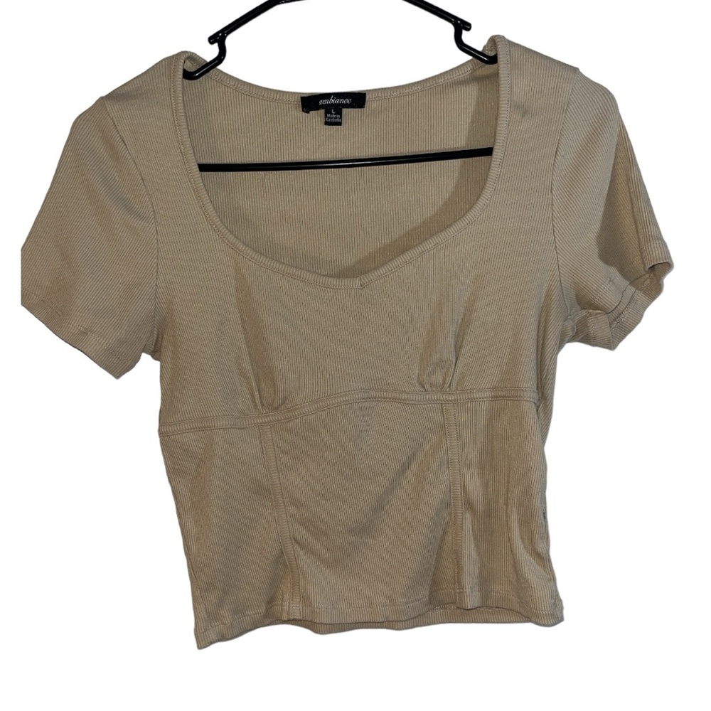 Ambiance Women’s Rib Solid Taupe Cropped Short Sleeve Top Size Large